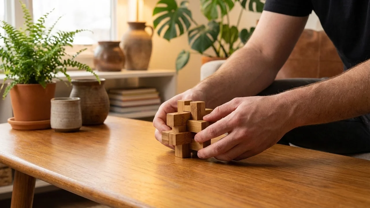 Bambusta valmistettu burr-solmupalapeli — Vaikea 6-osainen lukkopalapeli - 5