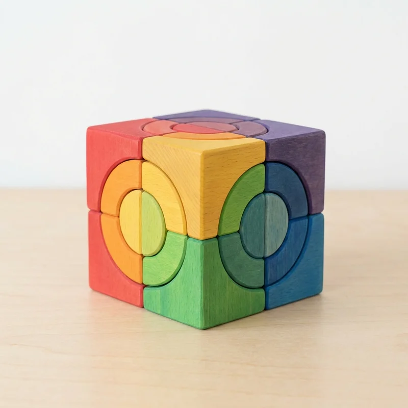 Rainbow Wooden Cube Puzzle — Easy Colourful Stacking Challenge - 1