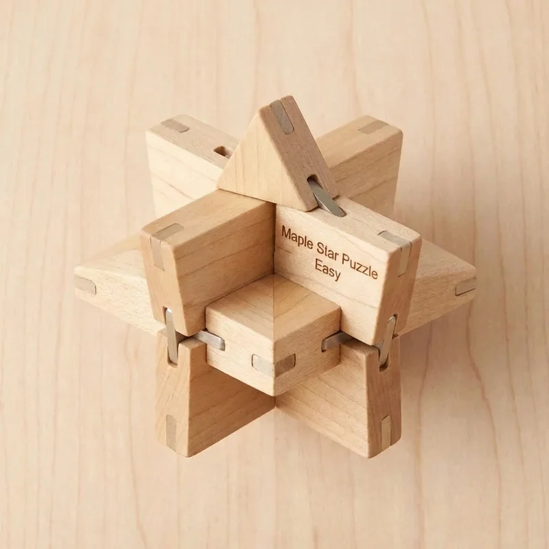 Vaahterapuinen tähtipalapeli — Helppo 6-osainen lukkoaivopähkinä - 2