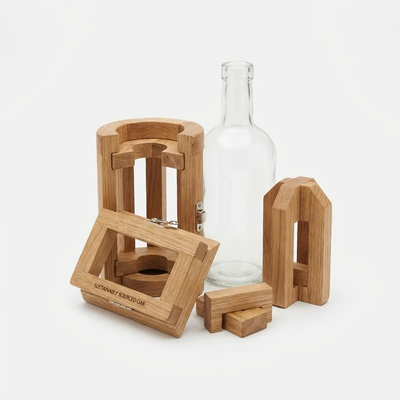Oak Bottle Puzzle — Medium Wooden Cage Gift for Him - 1