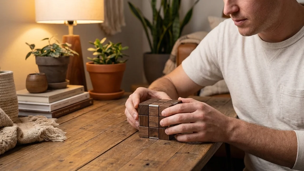 Pähkinäpuinen kuutiopalapeli — Vaikea 14-osainen lukkoaivopähkinä - 5