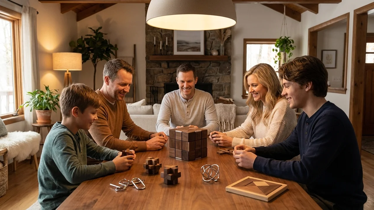 Pähkinäpuinen kuutiopalapeli — Vaikea 14-osainen lukkoaivopähkinä - 6