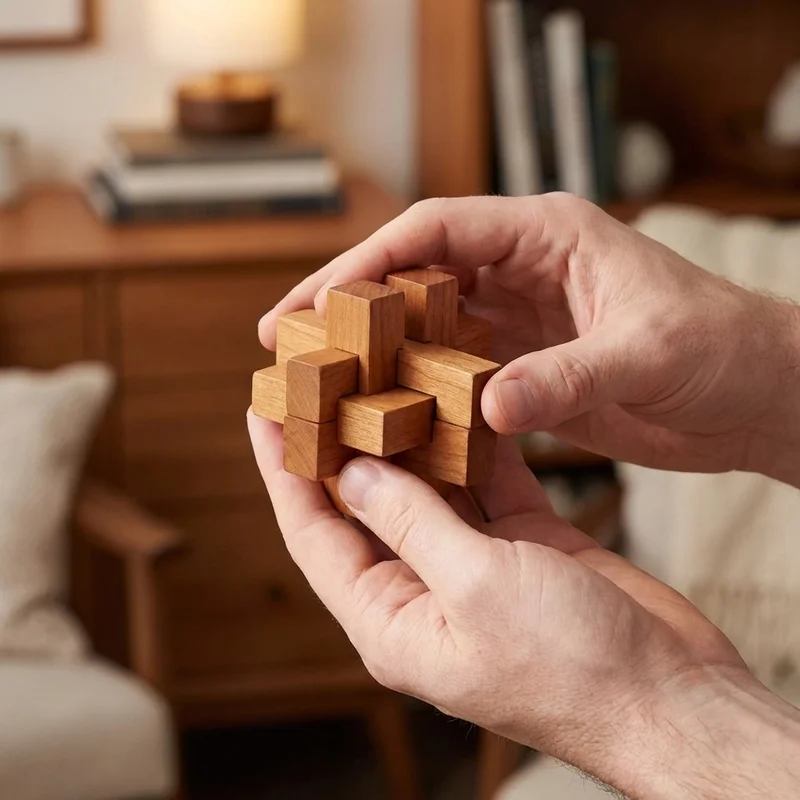 Puinen Miniristisolmu — Taskukokoinen Burr-palapeli Kirsikkapuusta - 4