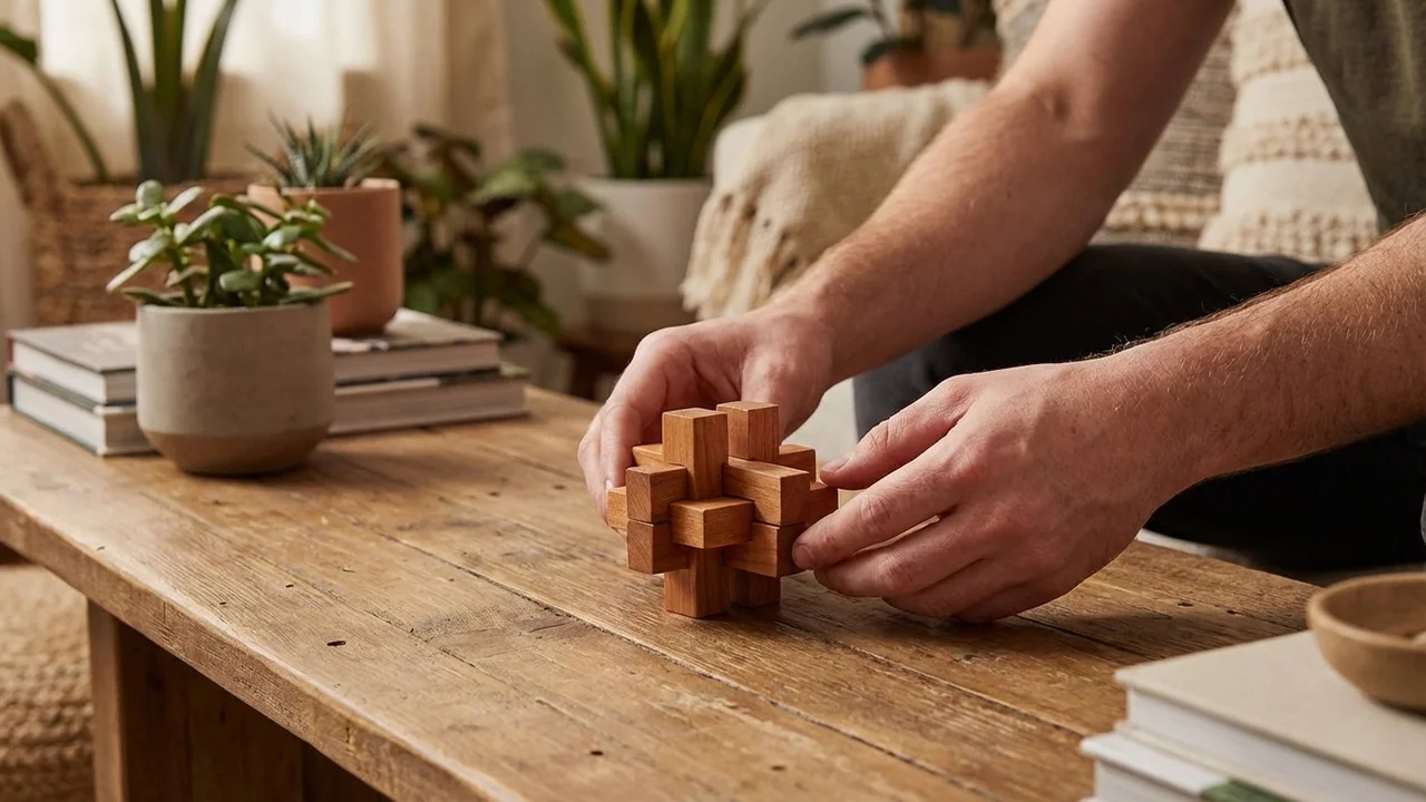 Puinen Miniristisolmu — Taskukokoinen Burr-palapeli Kirsikkapuusta - 5