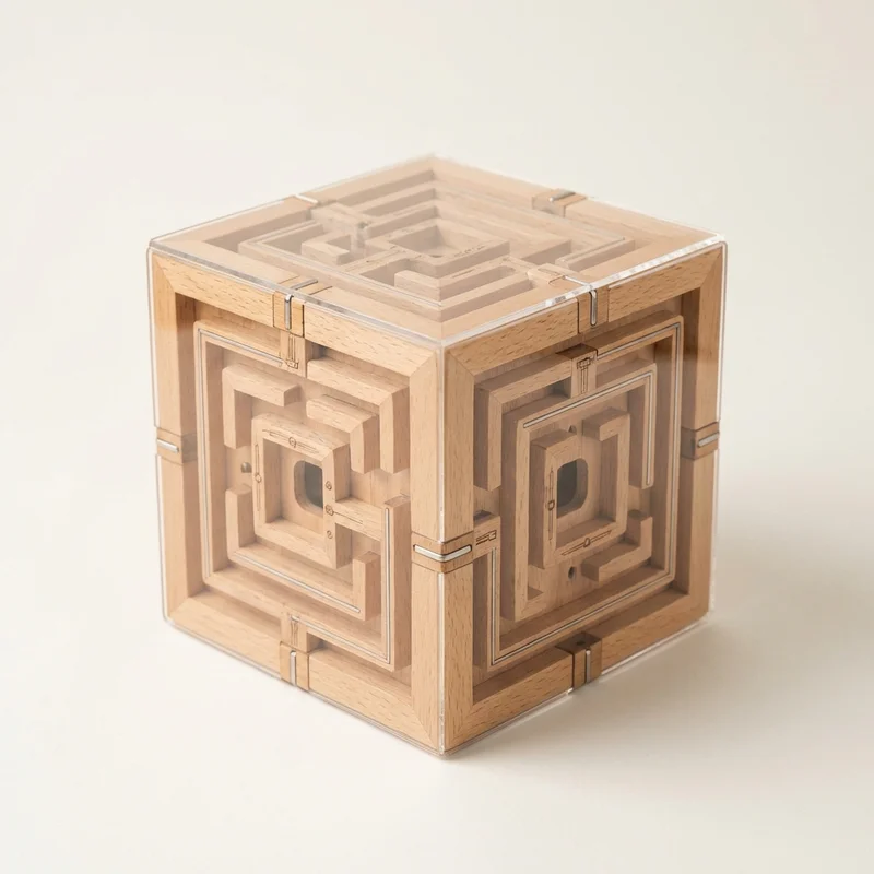 Wooden Sequential Maze Cube — Hard Multi-Layer Labyrinth - 1