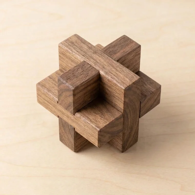 Kovapuinen lomittainen tähtisolmu — Vaikea 12-osainen burr-pulma - 2