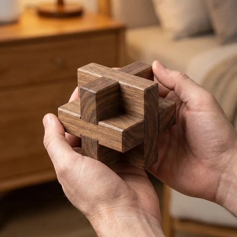 Kovapuinen lomittainen tähtisolmu — Vaikea 12-osainen burr-pulma - 4