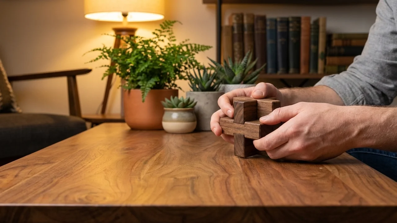 Kovapuinen lomittainen tähtisolmu — Vaikea 12-osainen burr-pulma - 5