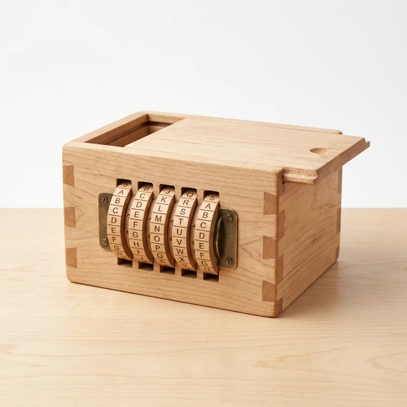 Wooden Secret Code Lockbox — Medium Letter-Dial Puzzle Safe - 1