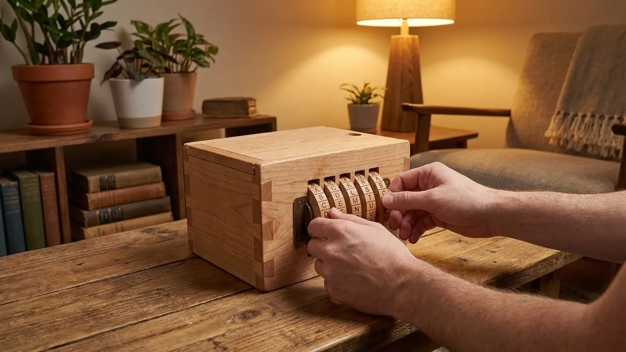 Puinen salauskoodilukko — Keskivaikea kirjainvalitsimella varustettu pulmakassakaappi - 5
